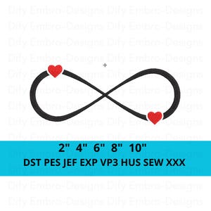 Könnte beinhalten: Schwarzes Unendlichkeits-Symbol-Design mit zwei roten Herzen und dem Text "2" 4" 6" 8" 10" DST PES JEF EXP VP3 HUS SEW XXX" auf blauem Hintergrund. Das Design ist zum Sticken.