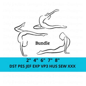Puede incluir: Tres ilustraciones de líneas negras de figuras en poses de yoga o gimnasia. El texto dice Bundle, 2" 4" 6" 7" 8" y DST PES JEF EXP VP3 HUS SEW XXX. Los diseños están sobre un fondo blanco con una franja horizontal azul en la parte inferior.