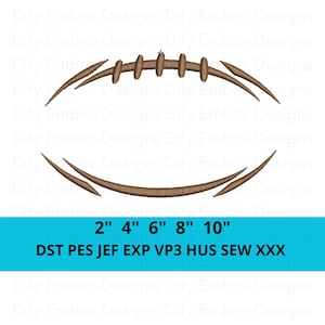 May include: A brown football design with curved lines and stitching details. The image includes text indicating sizes from 2" to 10" and file formats such as DST, PES, and JEF. This design is suitable for embroidery projects.