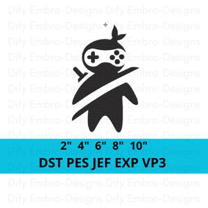 May include: Black ninja gamer design with a controller face and sword. Sizes available: 2", 4", 6", 8", and 10". File formats: DST, PES, JEF, EXP, VP3. Perfect for gaming enthusiasts.