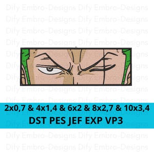 May include: Close-up of a cartoon character's face with green hair and one eye closed. The image is for embroidery designs and includes the sizes 2x0,7 & 4x1,4 & 6x2 & 8x2,7 & 10x3,4. The file formats are DST PES JEF EXP VP3.