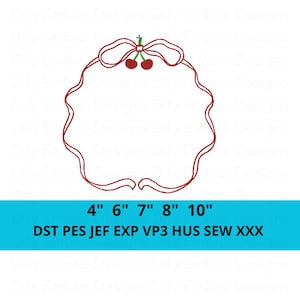 Op de afbeelding: Een borduurontwerp met een rood lintkransframe bekroond met twee rode kersen en een strik. Onder de afbeelding toont de tekst de maten 4", 6", 7", 8", 10" en de bestandsformaten DST, PES, JEF, EXP, VP3, HUS, SEW, XXX op een blauwe achtergrond.
