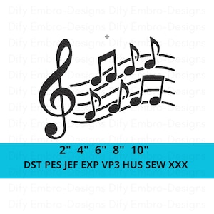 May include: Black musical notes and a treble clef on musical staff lines. The image includes the text "2" 4" 6" 8" 10"" and "DST PES JEF EXP VP3 HUS SEW XXX".
