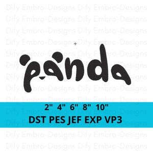 Söt pandaordbroderidesign, rolig pandabokstäver maskinbroderimönster, djurälskare barnnamnlapp, tecknad pandatextlogotyp