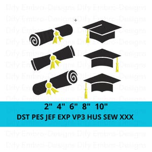 May include: Black graduation caps and diplomas with gold tassels and ribbons. The image includes the text "2" 4" 6" 8" 10" and "DST PES JEF EXP VP3 HUS SEW XXX".
