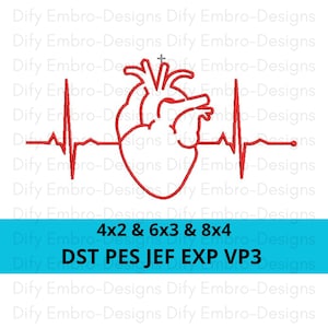 May include: Red outline of a heart with a heartbeat line above it. The text below reads "4x2 & 6x3 & 8x4" and "DST PES JEF EXP VP3".