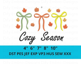 Cozy Season Embroidery Design – Fall Autumn Embroidery File with Bows, Pumpkins and Leaves – Thanksgiving Machine Embroidery Pattern