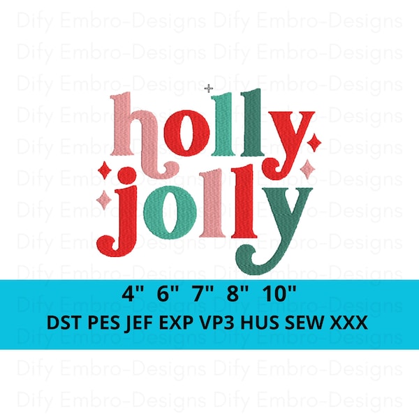Holly Jolly Embroidery Design | Retro Christmas Machine Embroidery File | Festive Holiday Font Design | Colorful Xmas Lettering Pattern