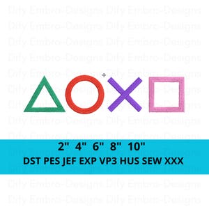 May include: An embroidered design featuring the iconic PlayStation controller symbols: a green triangle, a red circle, a purple X, and a pink square. The design includes size options from 2 to 10 inches.