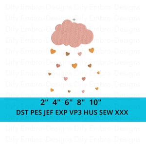 Puede incluir: Diseño de bordado digital con una nube color melocotón y corazones dorados y rosas cayendo. Tamaños de 5 a 25 cm. Tipos de archivo: DST, PES, JEF, EXP, VP3, HUS y XXX.