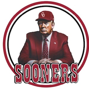May include: A red, white, and blue circular sticker with a black outline. The sticker features a man wearing a red suit and a red and white baseball cap with the letter "U" on it. The text "SOONERS" is written in red letters with a black outline below the man.