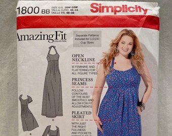 UNCUT    Simplicity 1800    Size: 20W to 28W     Misses/Women's Dress in Two Lengths w/Slim, Average, Curvy Fit and Various Cup Sizes