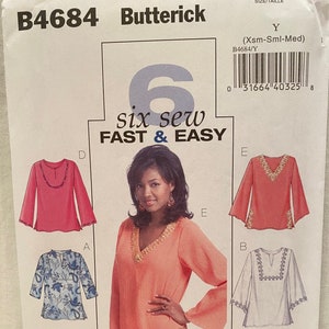 UNCUT Butterick B4684 サイズ: Xsm-Sml-Med Misses/Misses Petite Top and Tunic - Six Sew Fast & Easy
