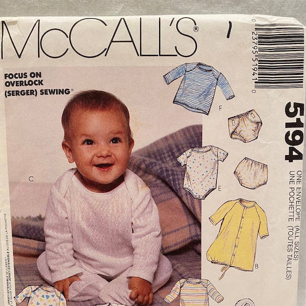 UNCUT   McCall's 5194   Size: NB, S, M, L   Infants Bunting, Gown, Bodysuits, Jumpsuit, T-Shirts, Pants and Diaper Cover-For Stretch Knits