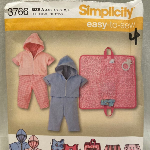 UNCUT   Simplicity 3766   Size:  XXS, XS, S, M, L    Baby Pant, Diaper Cover, Hoody, Changing Pad and Knit Body Suit