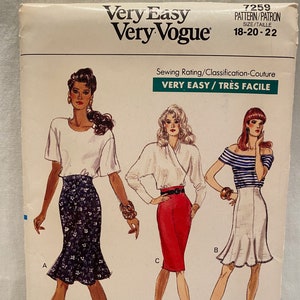 May include: A sewing pattern for three different skirts. The pattern is called "Very Easy Very Vogue" and the pattern number is 7259. The sizes are 18-20-22. The sewing rating is "Very Easy/Très Facile".