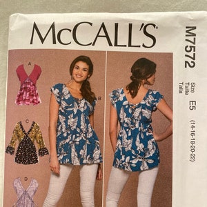 UNCUT   McCalls M7572   Size:14 to 22    Misses Tops - 4 Options -