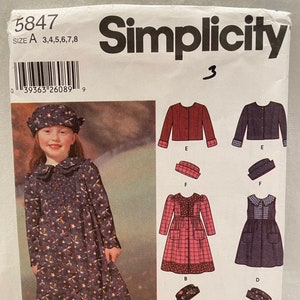 UNCUT   Simplicity 5847   Size:  3 to 8    Child&#39;s Dress in Two Lengths, Jacket and Hat.  Hat in 3 Sizes (18&quot;-20&quot;-21&quot;)