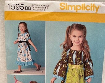 UNCUT   Simplicity 1595   Size: (1-2-3) and (4-5-6-7-8)      Child&#39;s Dress in Two Lengths