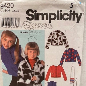 May include: Simplicity sewing pattern number 9420 for sizes 3, 4, 5, and 6. The pattern includes instructions for making a variety of garments, including a jacket, vest, and bag. The pattern features a cow print design.