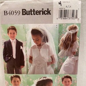 UNCUT Butterick B4059 Maat: 6-7-8 Kinder/Jongen/Meisjes Bolero, Vest, Stropdas, Vlinderdas, Armband, Buikband, Tas, Sluier en Hoofddeksel