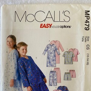 May include: Sewing pattern for pajamas with a variety of options. The pattern includes a long-sleeved top, short-sleeved top, and pants. The pattern is for sizes 12-14-16. The pattern is from McCall's and is called Easy Endless Options. The pattern number is MP479.