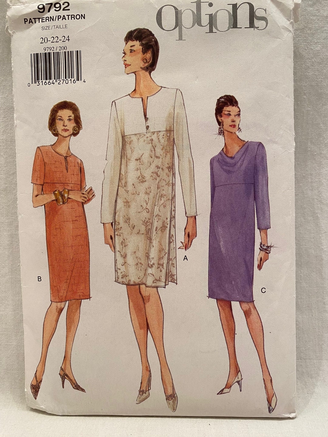 UNCUT Vogue 9792 Size: 20-22-24 Misses Dress - 3 Options - Easy - Etsy