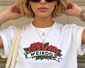 Old School Rose Tattoo T-Shirt, WEIRDO Banner Graphic Tee, Vintage Traditional Ink Style Shirt, Retro Punk Alternative Unisex Top