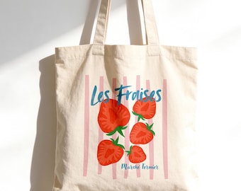 Strawberry Bag, Les Fraises Tote, Marche Fermier, French Farmers Market Bag, Cottagecore Fruit Graphic, Strawberries Tee