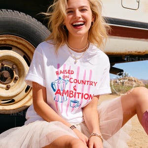 Dolly Parton, Raised on Country and Ambition Shirt, Coffee Club Top, Western Coffee Tee, 9-5 tee, Moka Pot, Country Girl T, Cup of Ambition