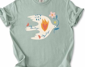 Peace Dove Sacred Heart T-Shirt, Holy Heart Dove Tee, Flower Dove Shirt, Spiritual Tattoo Style Top, Valentines shirt
