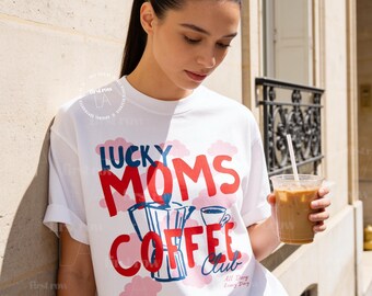 Shirt koffie moeder, T-shirt Lucky Moms Coffee Club, leuk koffieliefhebber cadeau voor moeder, T-shirt Moka Pot, T-shirt Pink Cloud, grafisch T-shirt Pink Cloud, Moederdagcadeau