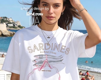 Shirt sardines, coquetteshirt, Frans, vintage Frans, visshirt, schattig T-shirt kustesthetiek, T-shirt Europa vakantie