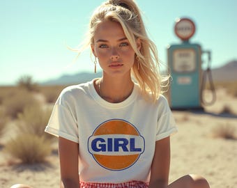 GIRL T-shirt, retro T-shirt, Gulf Gas station logo, Pamela Anderson, Jessica Williams Shrinking, 90s fashion, Girl logo shirt, Y2K tee