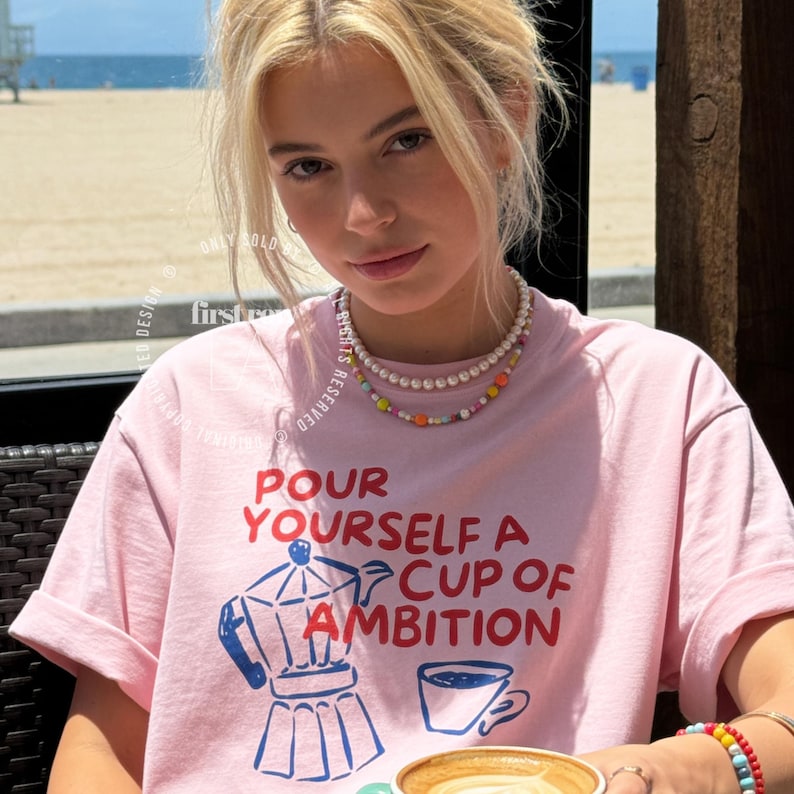Woman wearing Dolly Parton "Pour Yourself a Cup of Ambition" Shirt, Retro Coffee Graphic, 9 to 5 Country Music Tee, Moka Pot, Coffee Club, Caffeine Lover