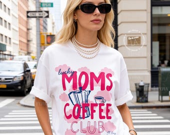 Shirt koffie moeder, T-shirt Lucky Moms Coffee Club, leuk koffieliefhebber cadeau voor moeder, T-shirt Moka Pot, T-shirt Pink Cloud, grafisch T-shirt Pink Cloud, Moederdagcadeau