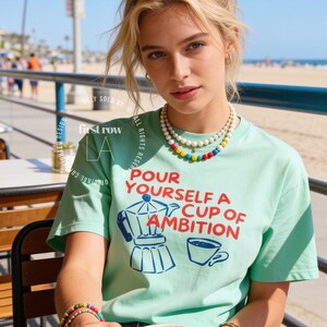 Woman wearing Dolly Parton "Pour Yourself a Cup of Ambition" Shirt, Retro Coffee Graphic, 9 to 5 Country Music Tee, Moka Pot, Coffee Club, Caffeine Lover