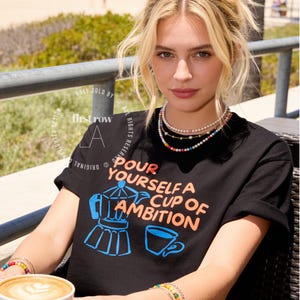 Woman wearing Dolly Parton "Pour Yourself a Cup of Ambition" Shirt, Retro Coffee Graphic, 9 to 5 Country Music Tee, Moka Pot, Coffee Club, Caffeine Lover