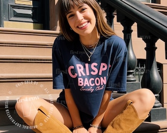 T-shirt voor baconliefhebbers, T-shirt van de Crispy Bacon Society Club, grappig ontbijt-T-shirt, T-shirt voor foodies, retro brunch-shirt, cadeau voor ontbijtliefhebbers, unisex T-shirt