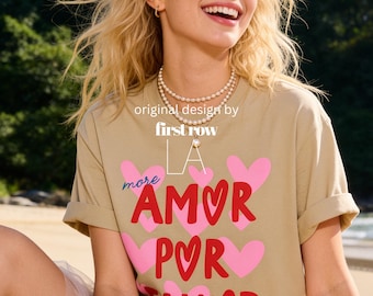 Shirt van More Amor Por Favor, zomershirt met grafische print, T-shirt roze hart, leuk Spaans shirt, shirt retro vakantie, shirt strandliefhebber, shirt Love More