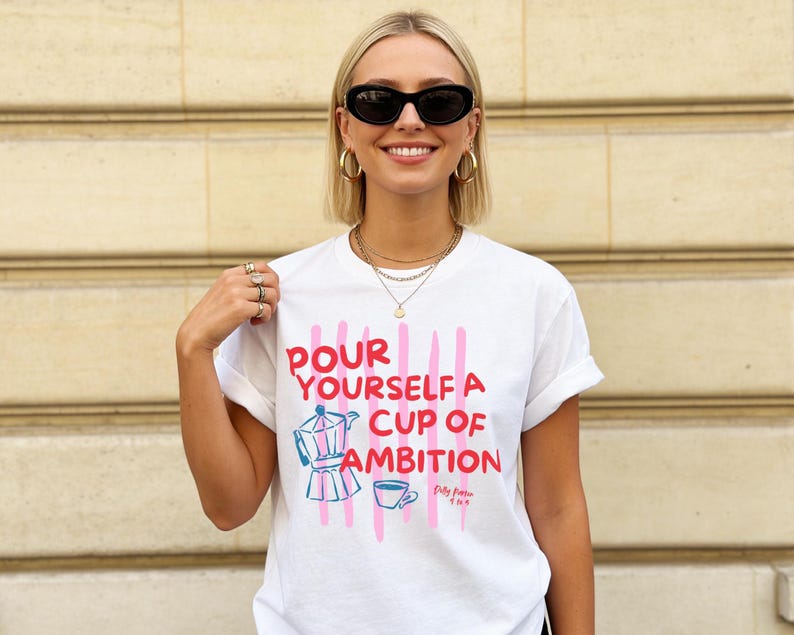 Girl wearing white Dolly Parton "Pour Yourself a Cup of Ambition" Shirt, Retro Coffee Graphic, 9 to 5 Country Music Tee, Moka Pot, Coffee Club, Caffeine Lover