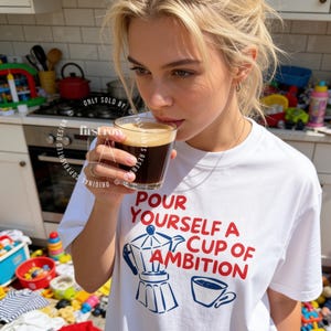 Woman wearing Dolly Parton "Pour Yourself a Cup of Ambition" Shirt, Retro Coffee Graphic, 9 to 5 Country Music Tee, Moka Pot, Coffee Club, Caffeine Lover