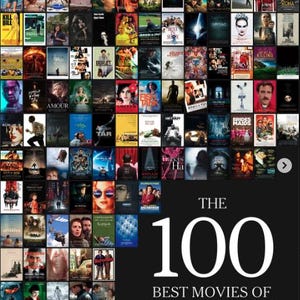 Puede incluir: Un collage de carteles de películas, incluyendo "Kill Bill", "Parásitos" y "Mad Max", sobre un fondo negro. El texto "THE 100 BEST MOVIES OF THE 21st CENTURY" se muestra en blanco, destacando la selección.