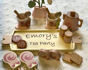Personalized wooden Tea Party Play Set, Custom tea set toy for toddlers, Gift for Girls, Pretend Tea Party, Montessori toy, Custom Name Toy