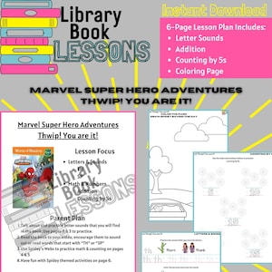 Hoja de trabajo para el plan de lección para niños pequeños y preescolares sobre las aventuras de los superhéroes de Marvel, ¡Thwip! ¡Eres tú! 6 páginas de letras, números, actividades y más