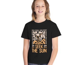 Camiseta juvenil "Busca el sol" / Gráfico retro de plantas, lema positivo.