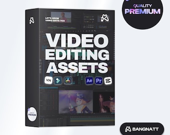 Puede incluir: Una caja negra con el texto "VIDEO EDITING ASSETS" en blanco. La caja tiene iconos para varios programas de edición de video, incluidos After Effects, Premiere Pro y Final Cut Pro. La caja también tiene una pegatina que dice "CALIDAD PREMIUM".
