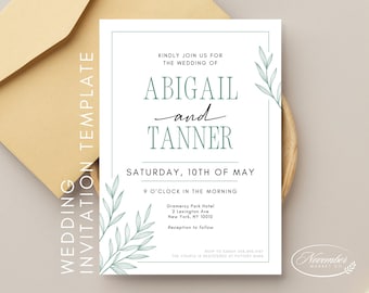 Könnte beinhalten: Eine weiße Hochzeitseinladung mit grünen Blattwerk-Illustrationen. Die Einladung lautet "Kindly join us for the wedding of Abigail and Tanner, Saturday, 10th of May, 9 o'clock in the morning, Gramercy Park Hotel, 2 Lexington Ave, New York, NY 10010, Reception to follow".