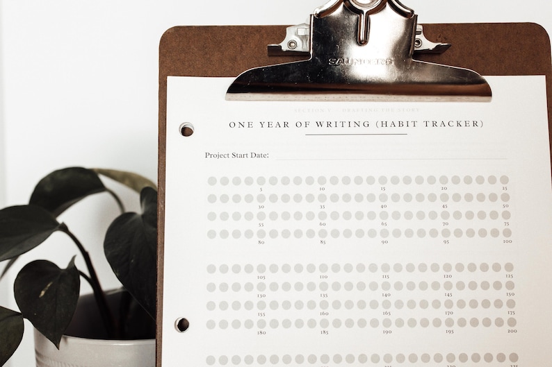 Może przedstawiać: Brązowa deska do pisania trzyma białą kartkę z napisem "ONE YEAR OF WRITING (HABIT TRACKER)". Papier ma siatkę k&oacute;ł do śledzenia postęp&oacute;w. W tle znajduje się roślina doniczkowa z ciemnozielonymi liśćmi.