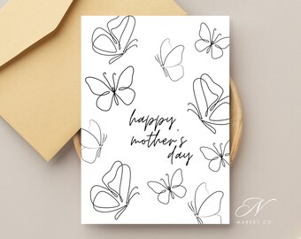 Könnte beinhalten: Eine weiße Karte mit schwarzen Linienzeichnungen von Schmetterlingen und dem Text "happy mother's day".
